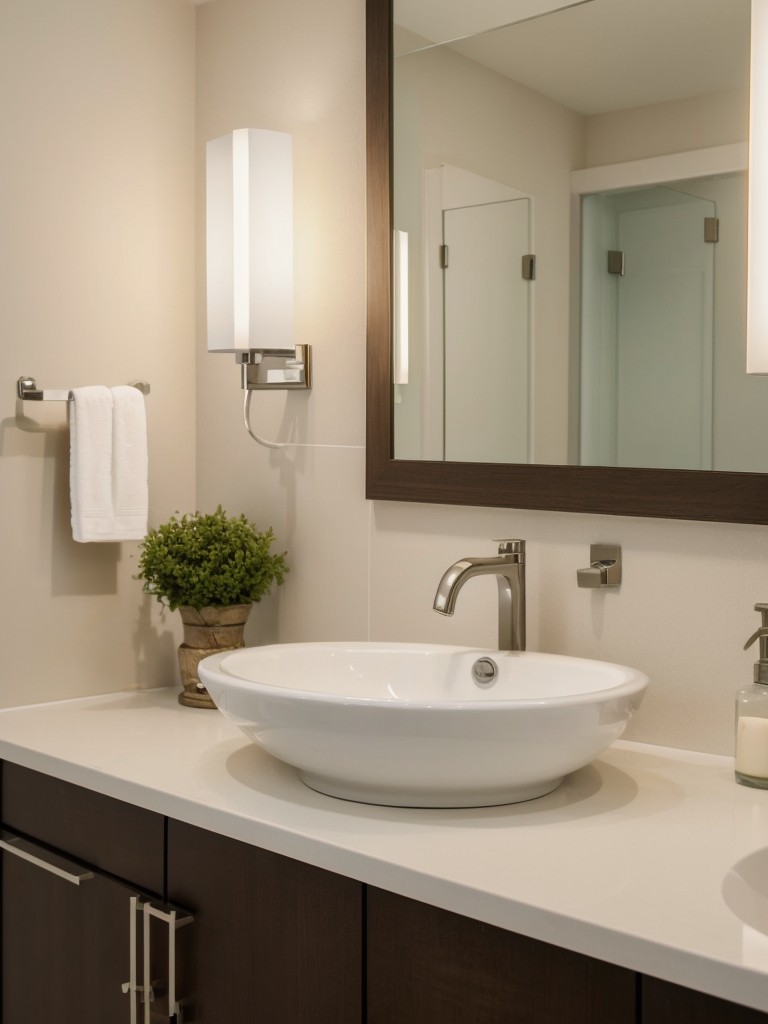 Creating a serene bathroom atmosphere with soft lighting options, like installing dimmer switches or adding fairy lights.