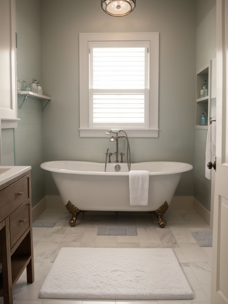 Creating a spa-like atmosphere in your bathroom with soft lighting, calming colors, and plush bath mats.