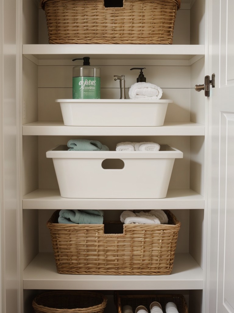 Creative storage solutions for a small bathroom, such as wall-mounted shelves and baskets.