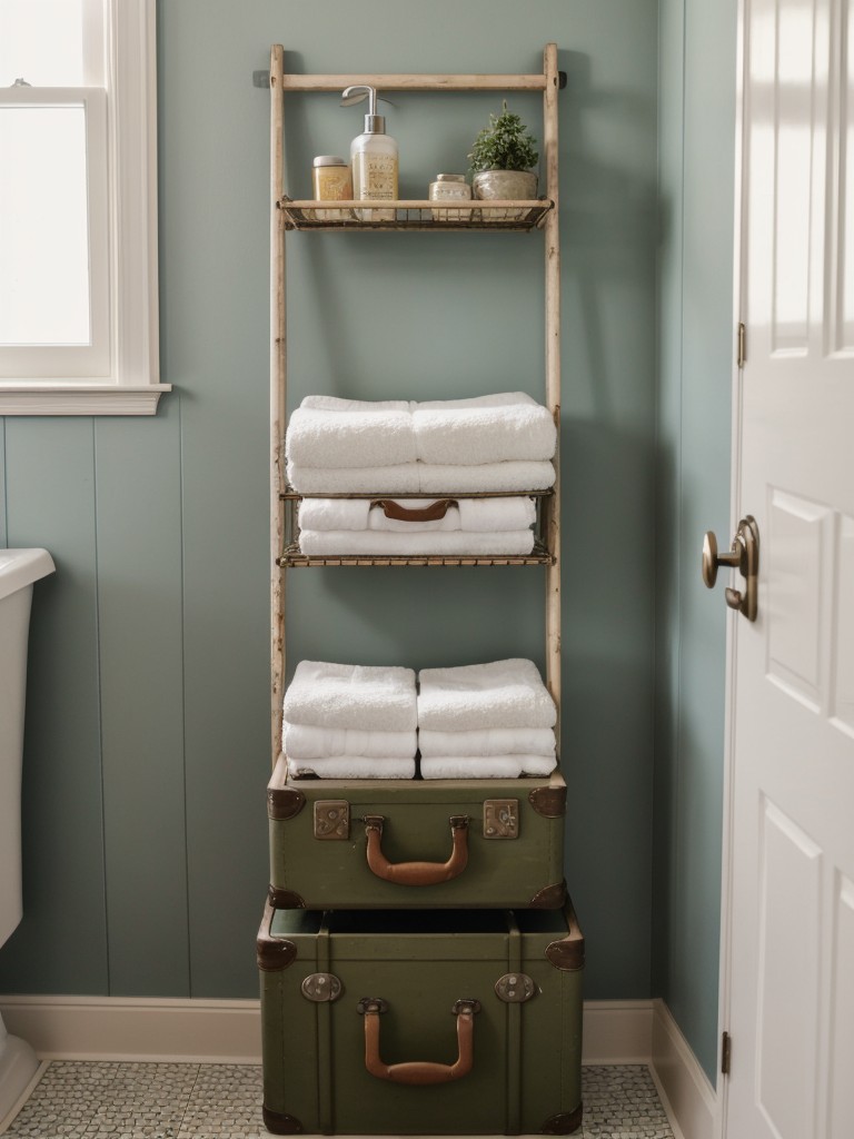 DIY bathroom storage solutions using repurposed items, like using an old ladder as a towel rack or a vintage suitcase as a storage container.