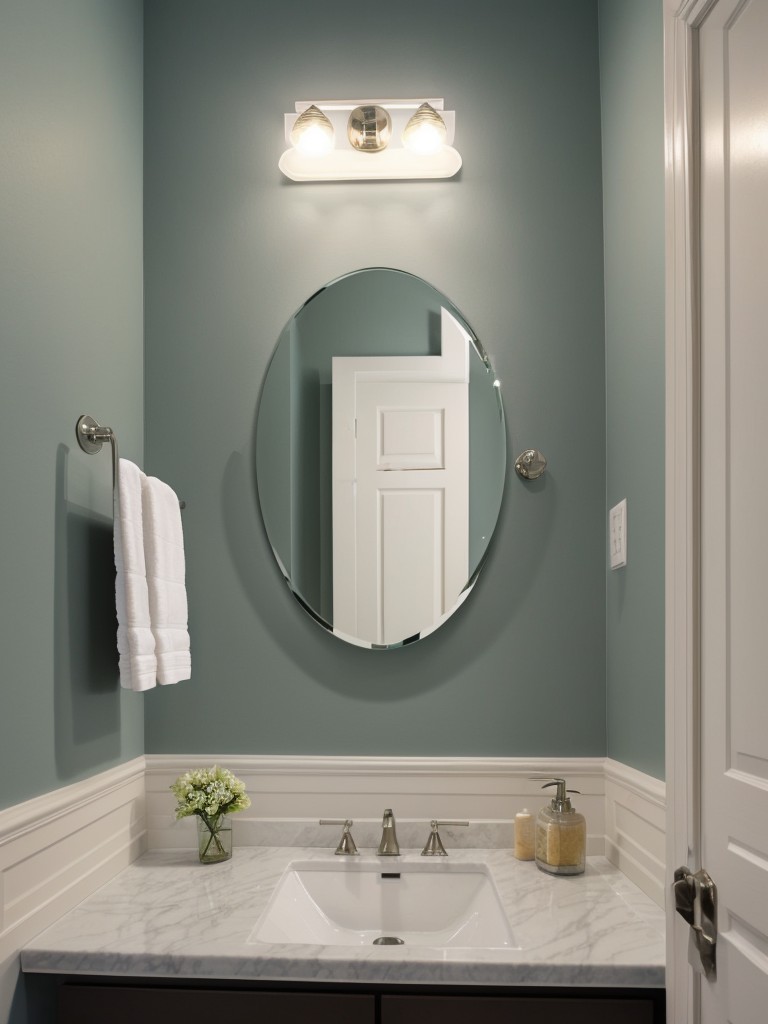 Inexpensive ways to update your bathroom, such as painting the walls or vanity, changing hardware, or adding decorative mirrors.