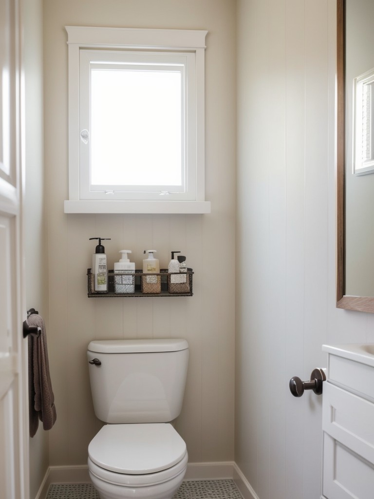 Maximizing space in a small bathroom with clever organization hacks, like installing shelves above the toilet or using magnetic strips for storing grooming tools.