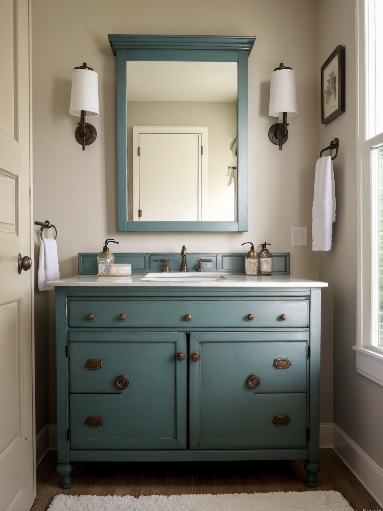 Upcycling old furniture for bathroom storage, such as using an old dresser or bookshelf as a vanity or linen cabinet.