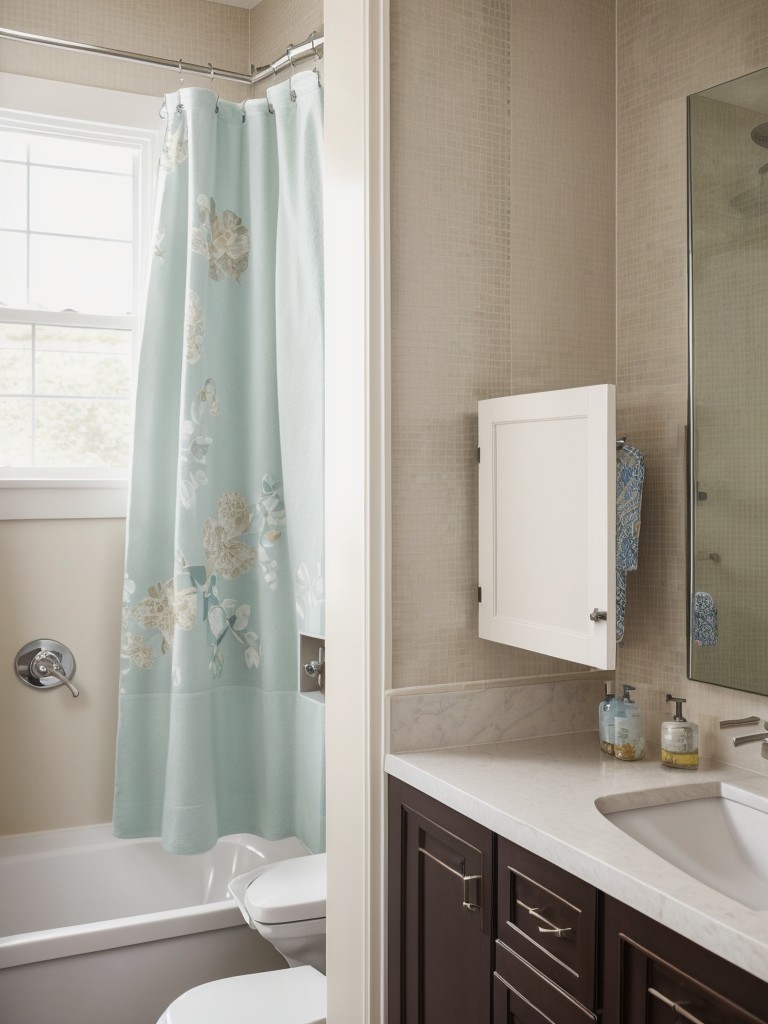 Enhancing a small bathroom with a shower curtain featuring a bold, eye-catching print.