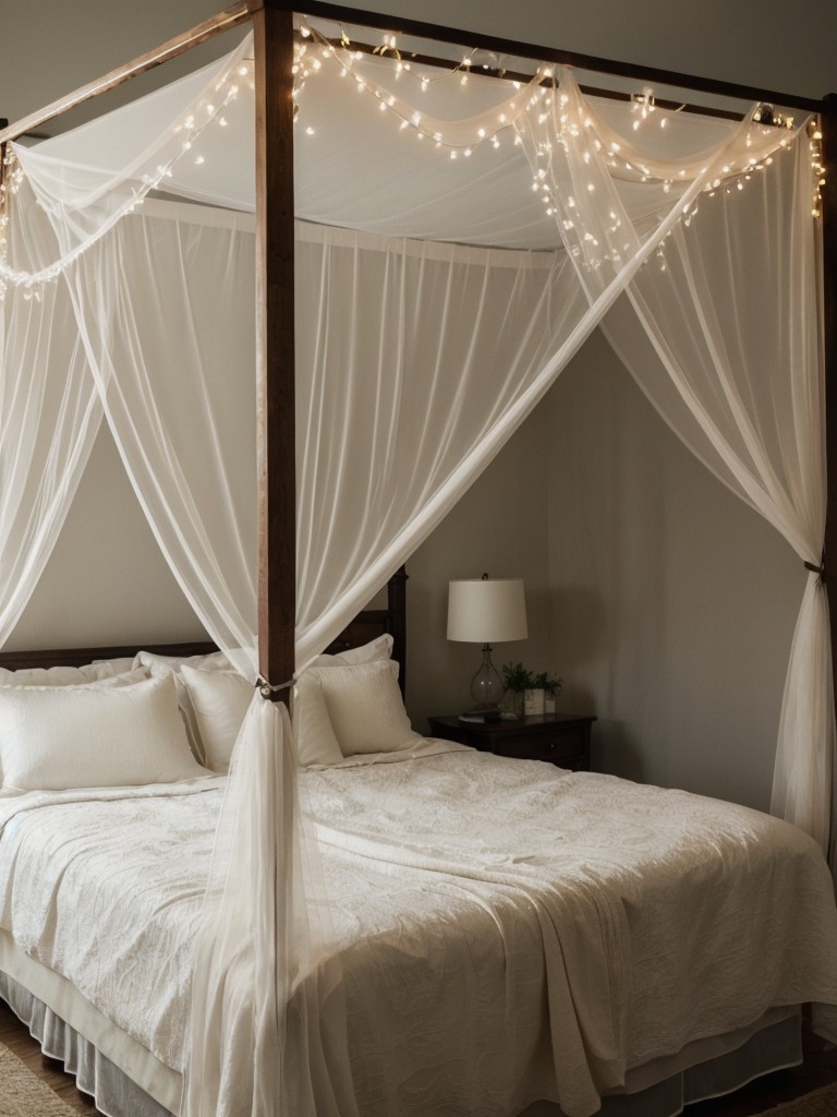 Dreamy canopy bed: Create a captivating focal point with a canopy bed adorned with sheer fabric, fairy lights, or flowing curtains.