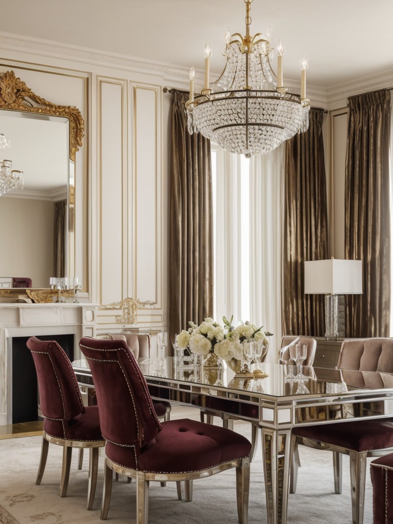 Glamorous accents: Bring glamour to the room with mirrored furniture, crystal chandeliers, plush velvet upholstery, and metallic finishes.