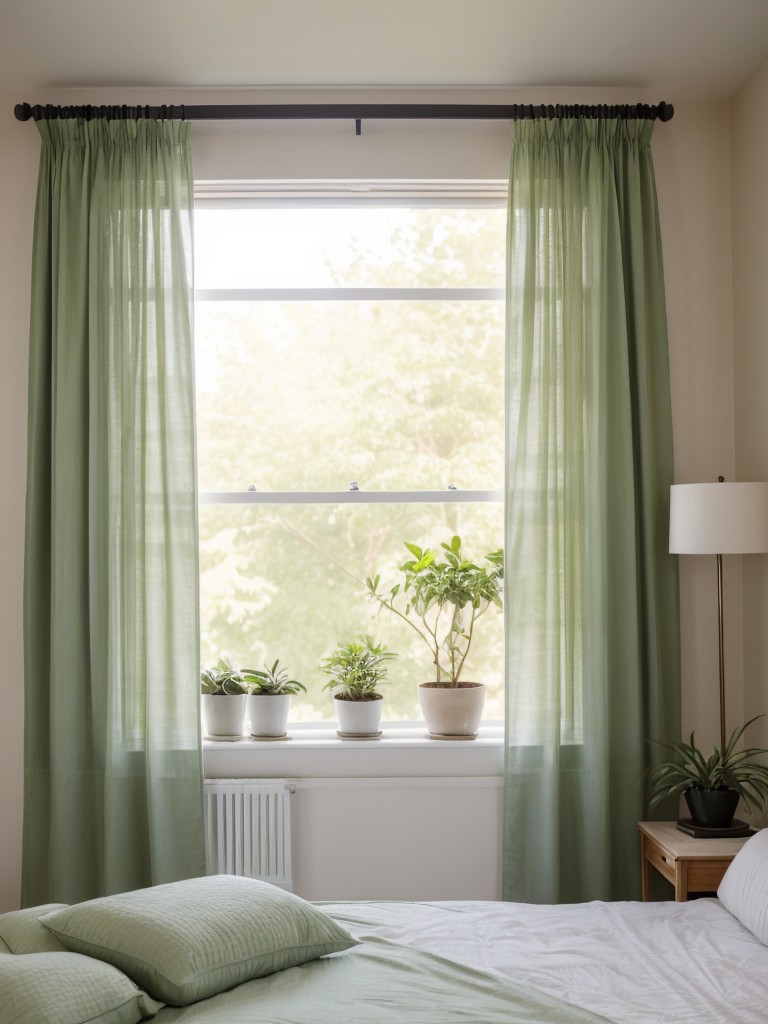 Relaxing oasis: Create a serene sanctuary with a calming color scheme, cozy bedding, sheer curtains that let in natural light, and an indoor plant or two.