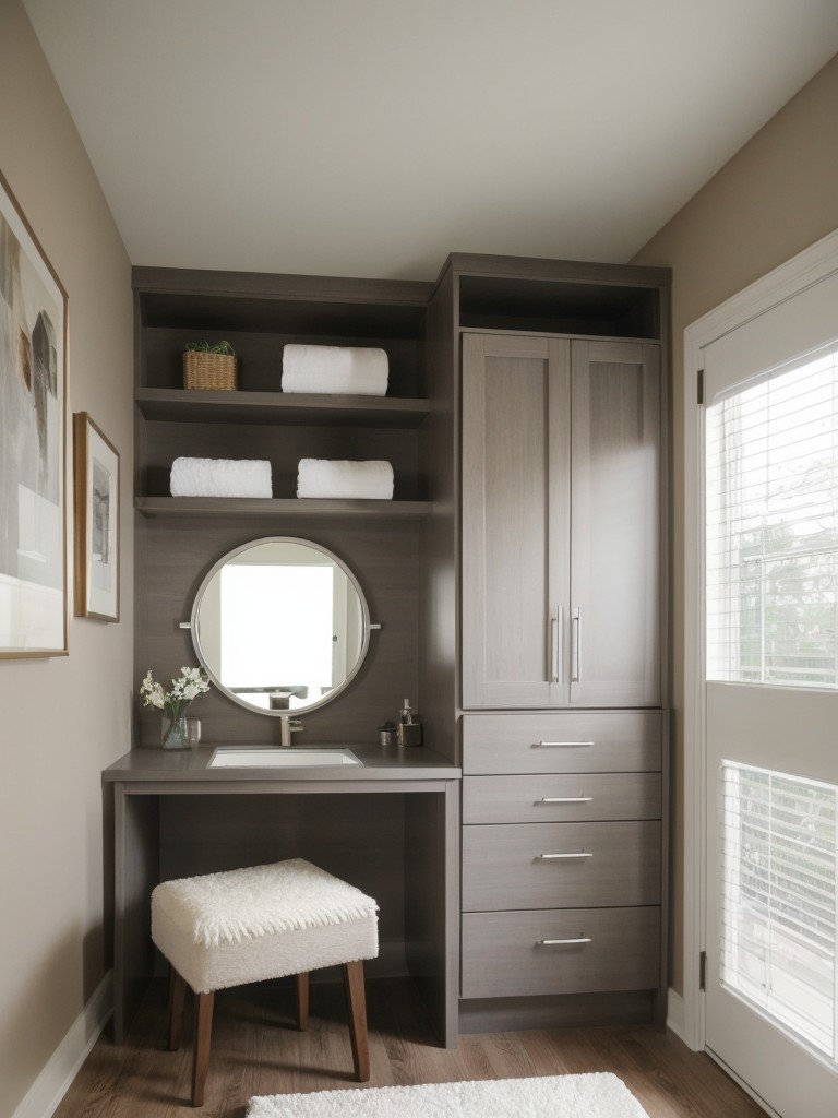 Incorporating a small workspace or vanity area with a desk or dresser, providing a versatile space for work, grooming, or getting ready.