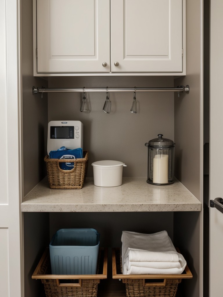 Consider adding a folding station with countertops and hanging rods for convenience when sorting and folding laundry.