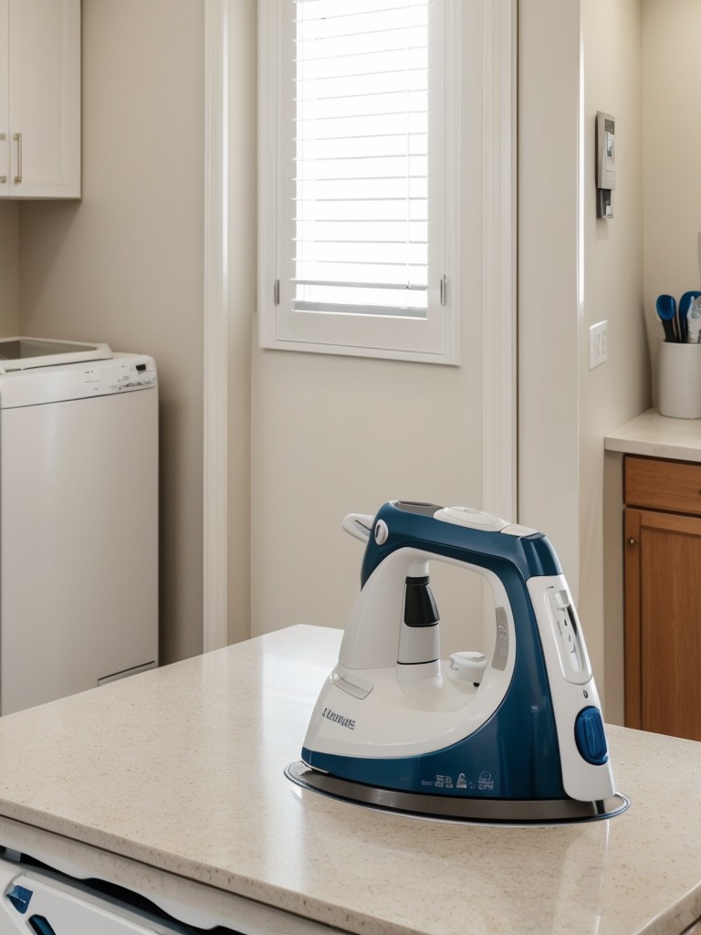 Create a designated space for ironing with an ironing board, iron, and integrated power outlets for convenience.