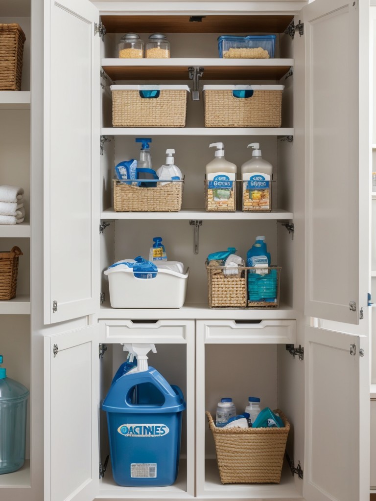 Incorporate ample storage solutions such as built-in cabinets or shelving for detergent, cleaning supplies, and clothes.