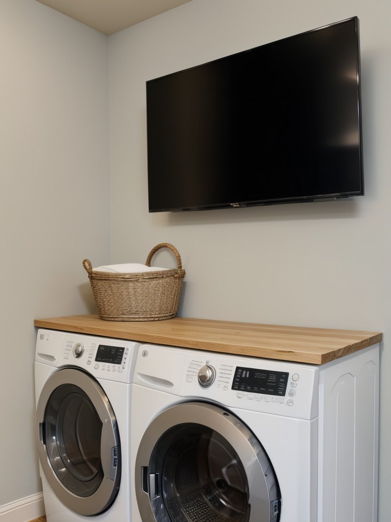 Install a wall-mounted TV or entertainment system to provide entertainment options for residents during their laundry routine.