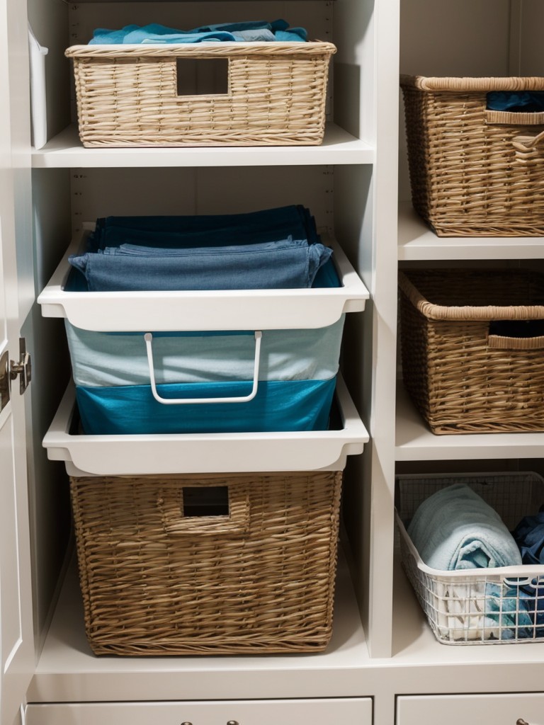 Utilize space-saving hampers or sorting bins to promote organization and efficient use of the laundry room.