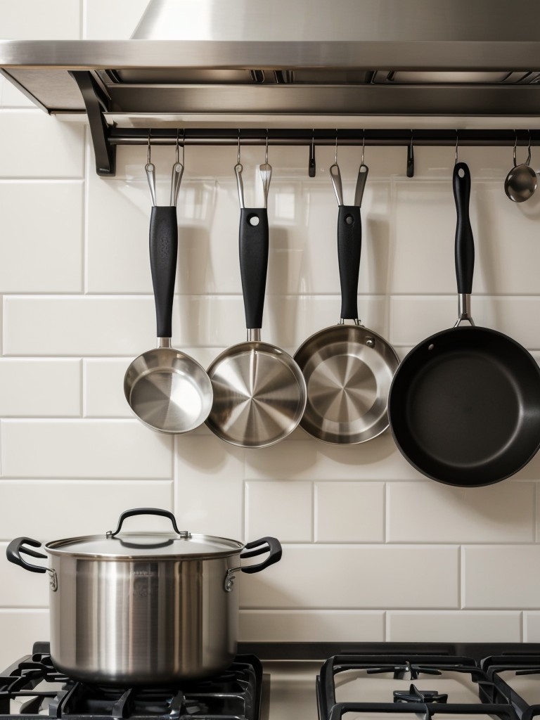 Hang pots, pans, and cooking utensils on a wall-mounted pot rack in the kitchen.
