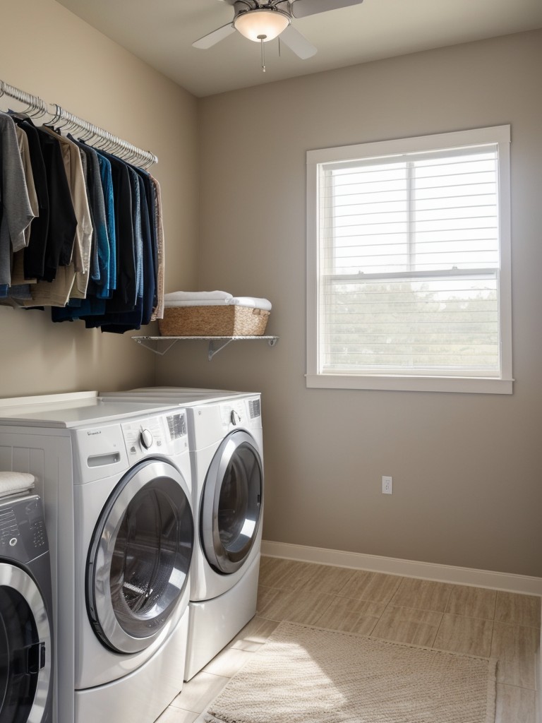 Install a ceiling-mounted clothes drying rack to save space in the laundry area.