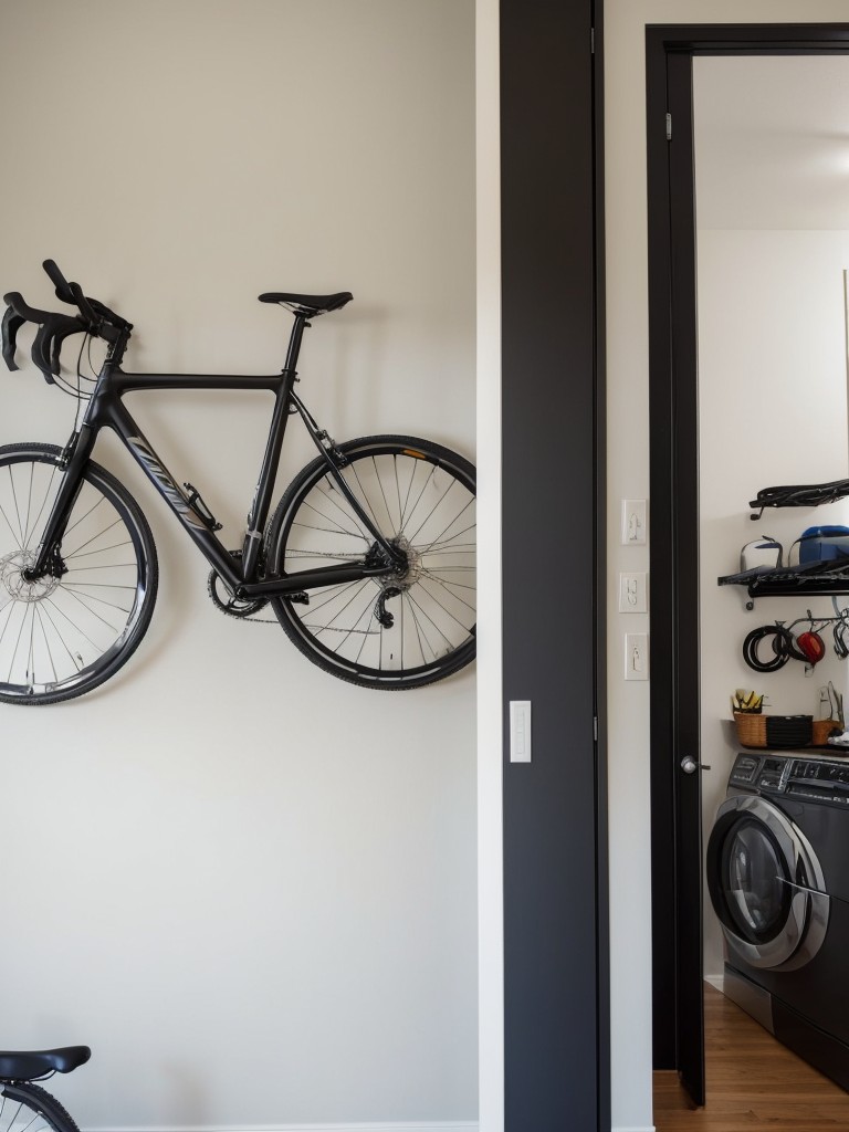 Install a wall-mounted bike rack or hooks for vertical bike storage in a small apartment.