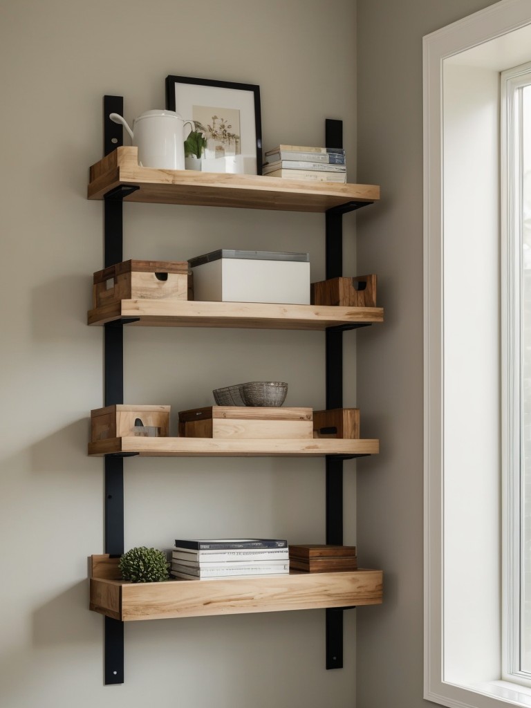 Install wall-mounted shelves or floating shelves to maximize vertical storage.