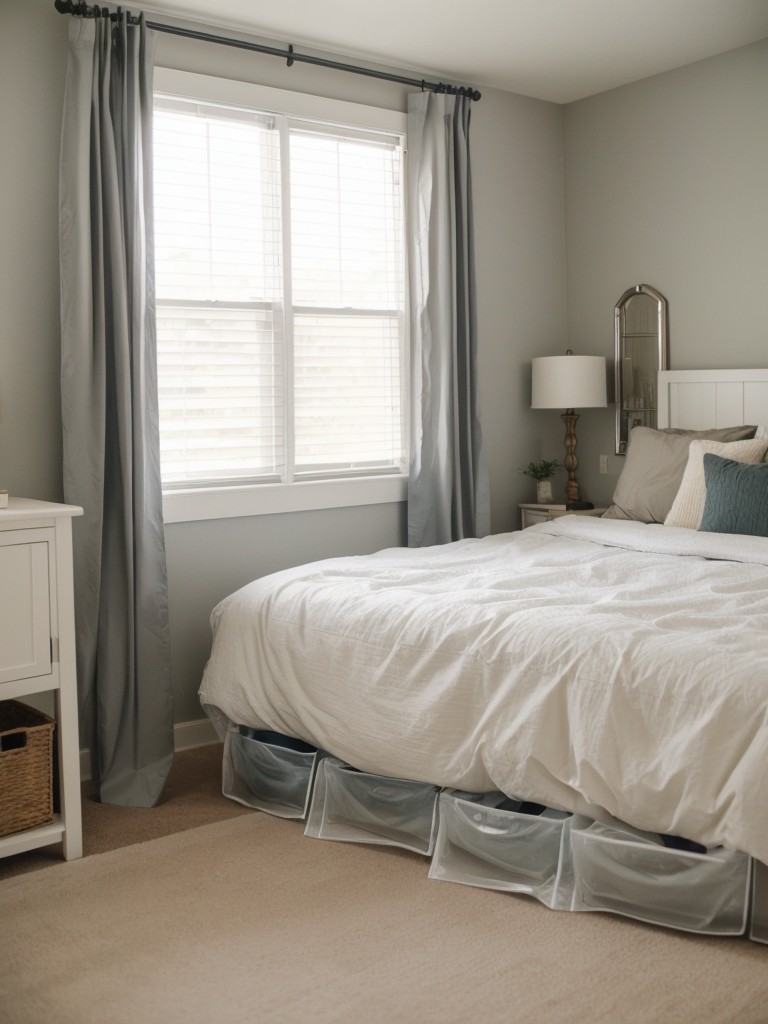 Use under-bed storage bins or vacuum-sealed bags to store off-season clothes or bedding.