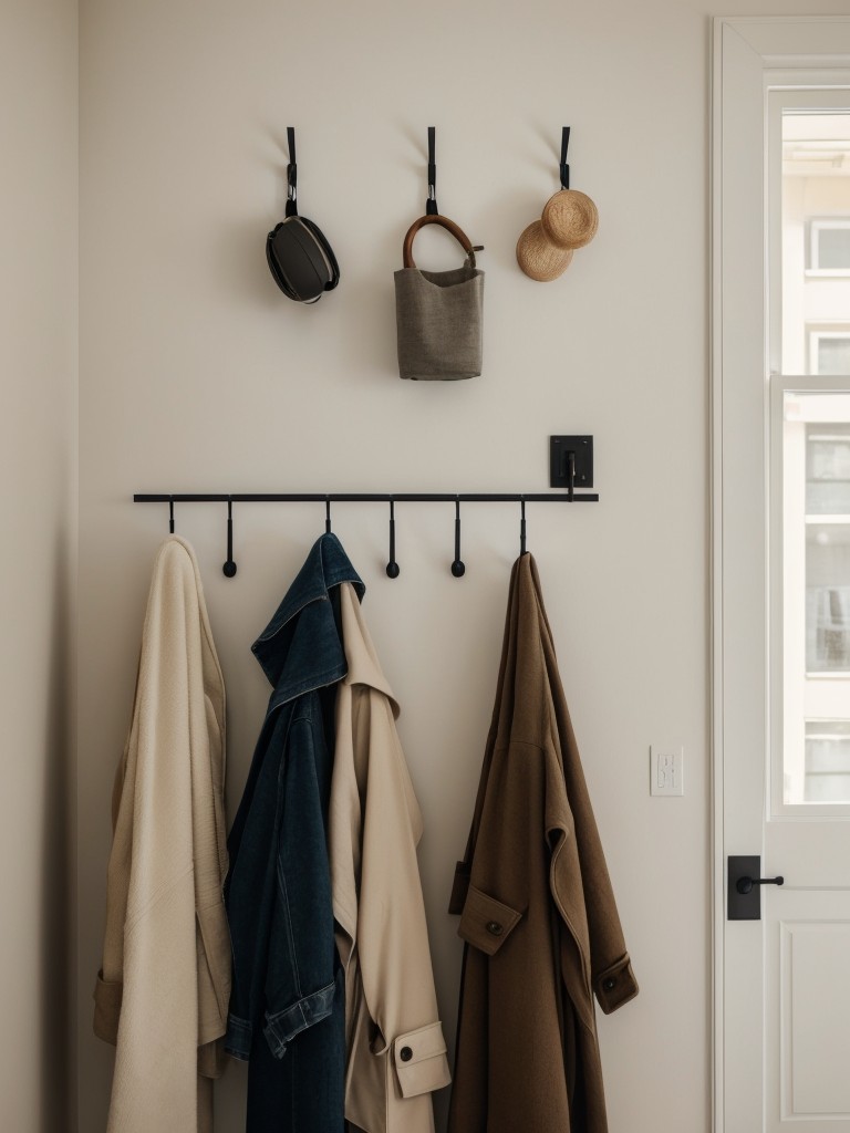 Use wall-mounted hooks for hanging coats, bags, or towels to save floor space.
