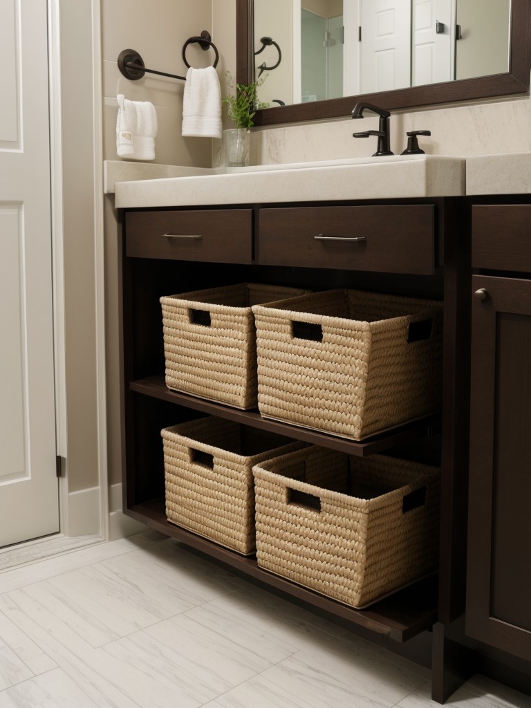 Utilize the dead space under the bathroom sink by adding storage baskets or stacking drawers.