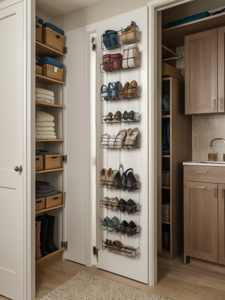 Utilize the space behind doors by adding hanging shoe racks, hooks, or storage pockets.
