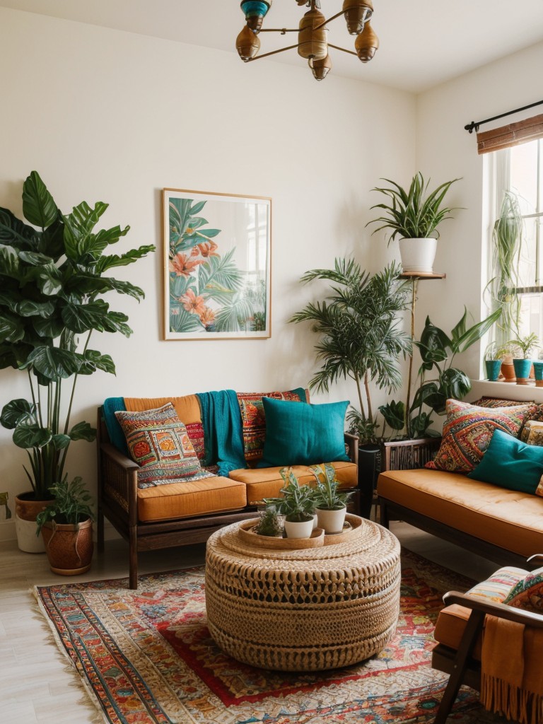 Bohemian-inspired apartment decor ideas featuring vibrant colors, ethnic patterns, and plenty of plants for a relaxed and free-spirited vibe.