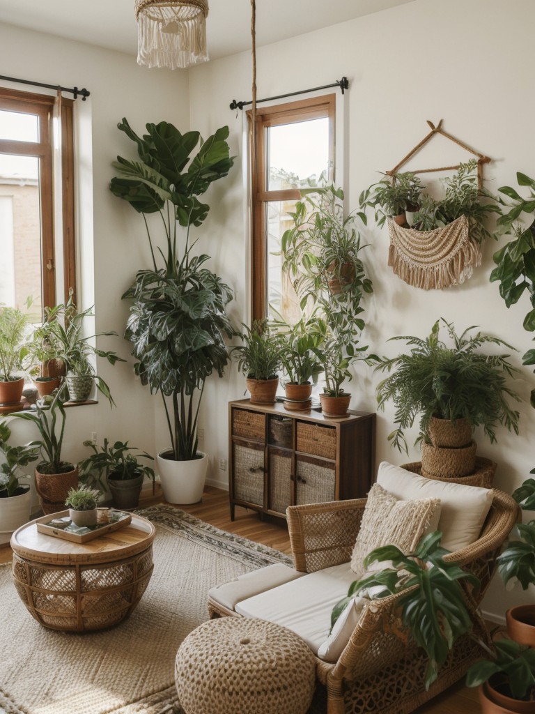 Boho-chic apartment decor ideas with a mix of bohemian and contemporary styles, using natural fibers, macrame, and plenty of plants for a relaxed and earthy feel.