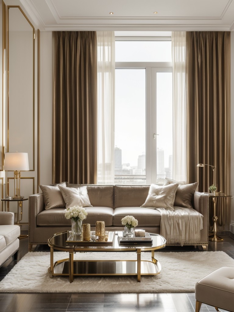 Chic and stylish apartment decor ideas with a touch of glamour, incorporating metallic accents and plush textures.