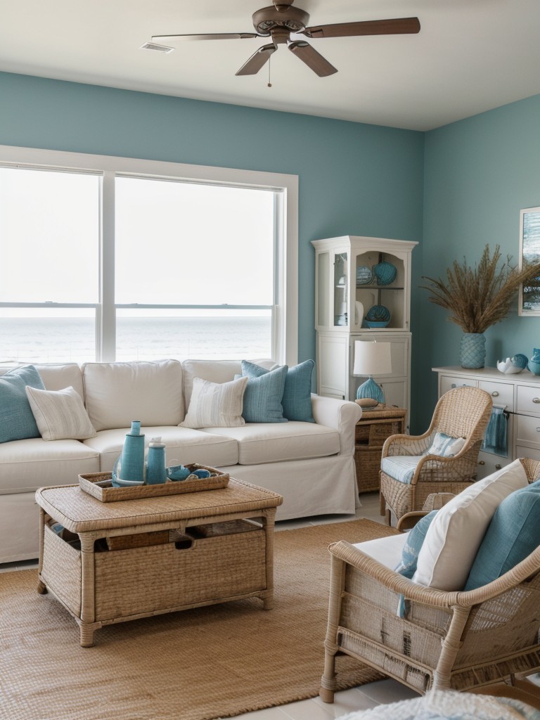 Coastal-inspired apartment decor ideas with a beachy color scheme, nautical decor accents, and natural textures like wicker and linen.