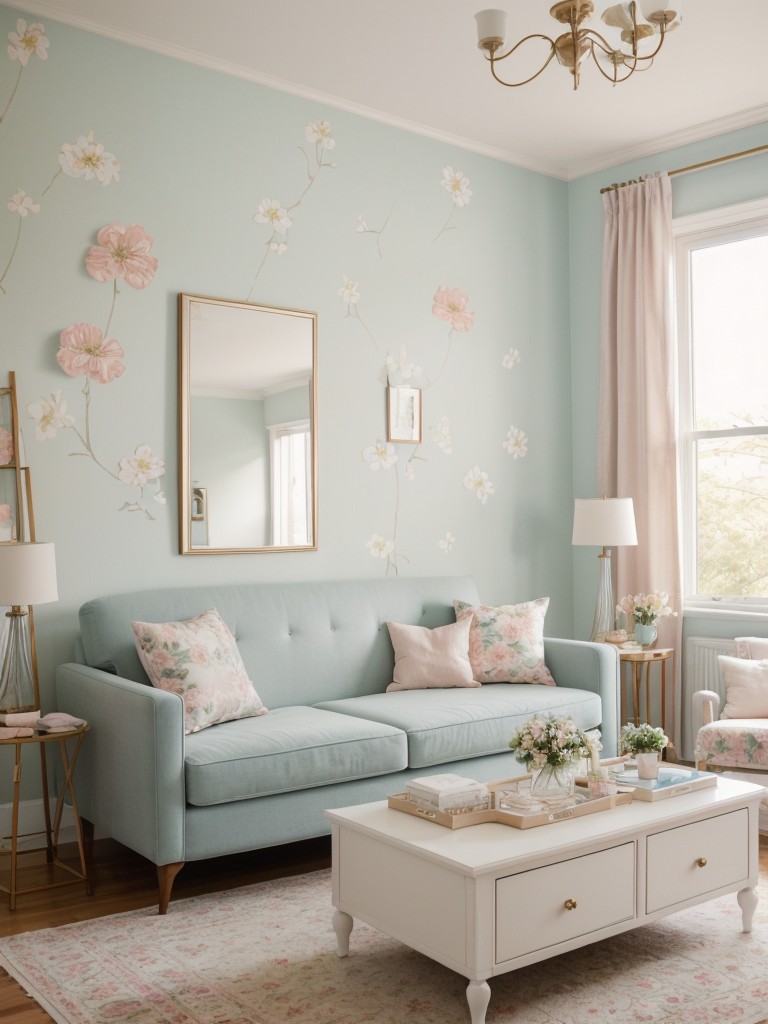 Feminine apartment decor ideas with soft pastel color palette, floral prints, and delicate accessories.