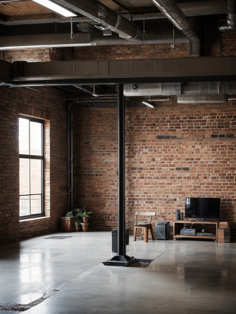 Industrial apartment decor ideas featuring exposed brick walls, concrete floors, and a mix of vintage and modern furniture pieces for a cool and edgy look.