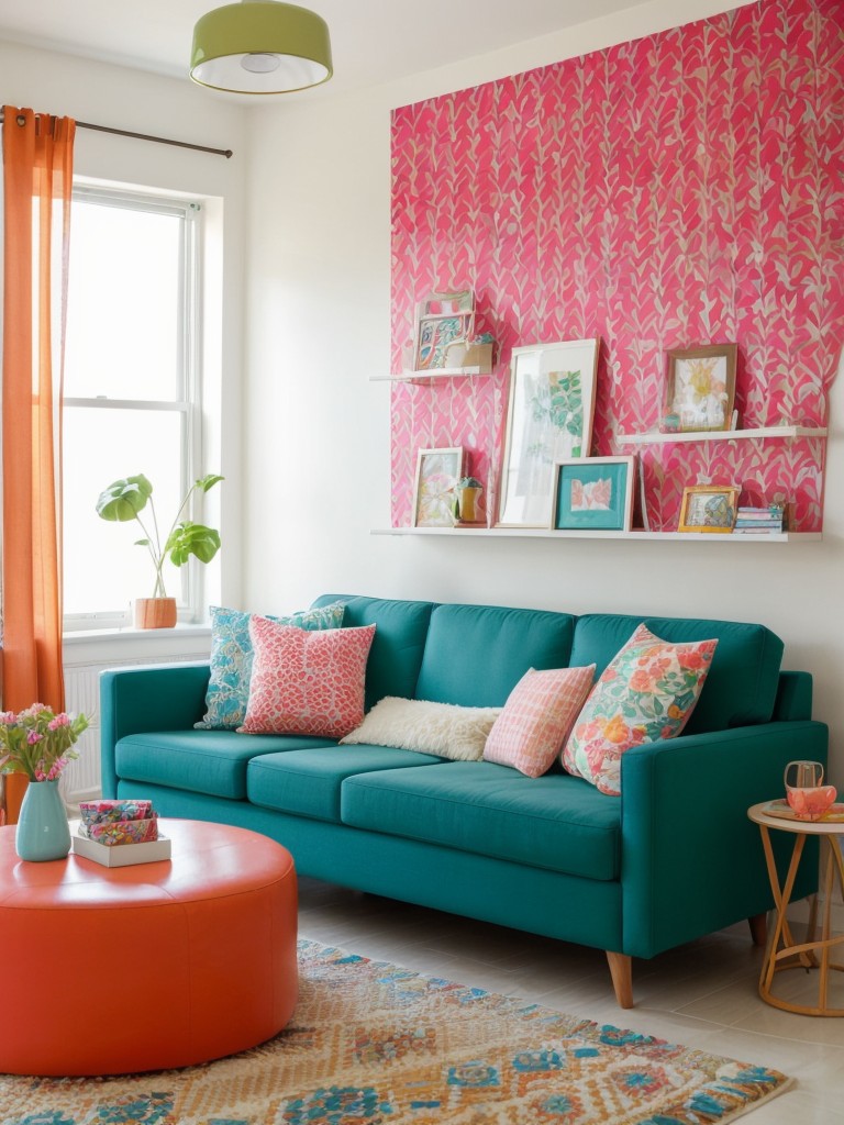 Playful apartment decor ideas for ladies who love vibrant colors, whimsical patterns, and fun decor items like oversized wall art or quirky furniture.