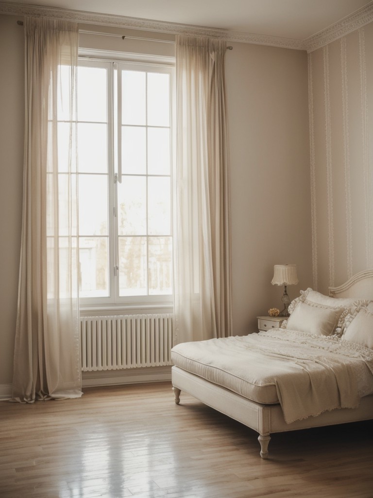 Romantic apartment decor ideas with soft lighting, plush fabrics, and delicate details like lace, ruffles, or sheer curtains for a dreamy and romantic atmosphere.