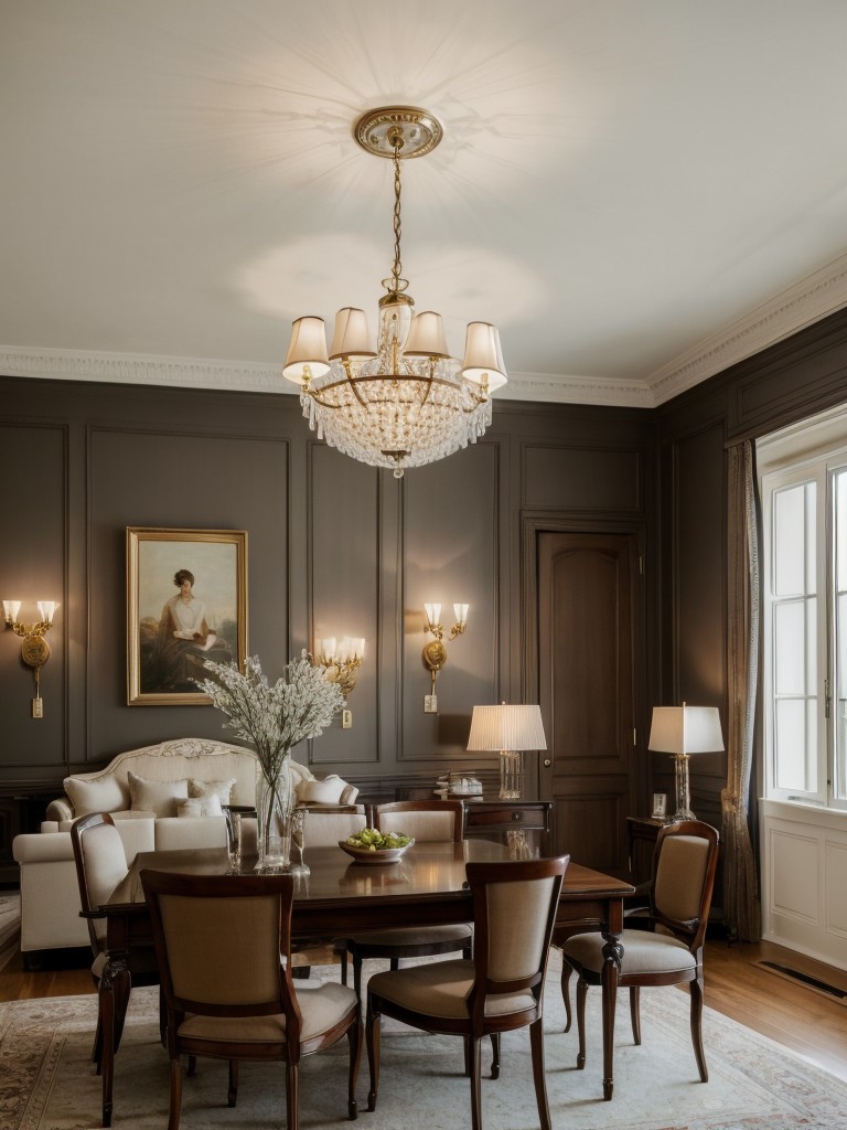 Sophisticated apartment decor ideas for ladies, using classic furniture pieces, elegant lighting fixtures, and timeless artwork.