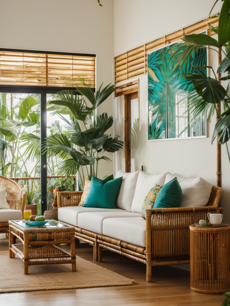 Tropical-inspired apartment decor ideas with bold colors, tropical prints, and natural materials such as bamboo or rattan for a vibrant and exotic look.