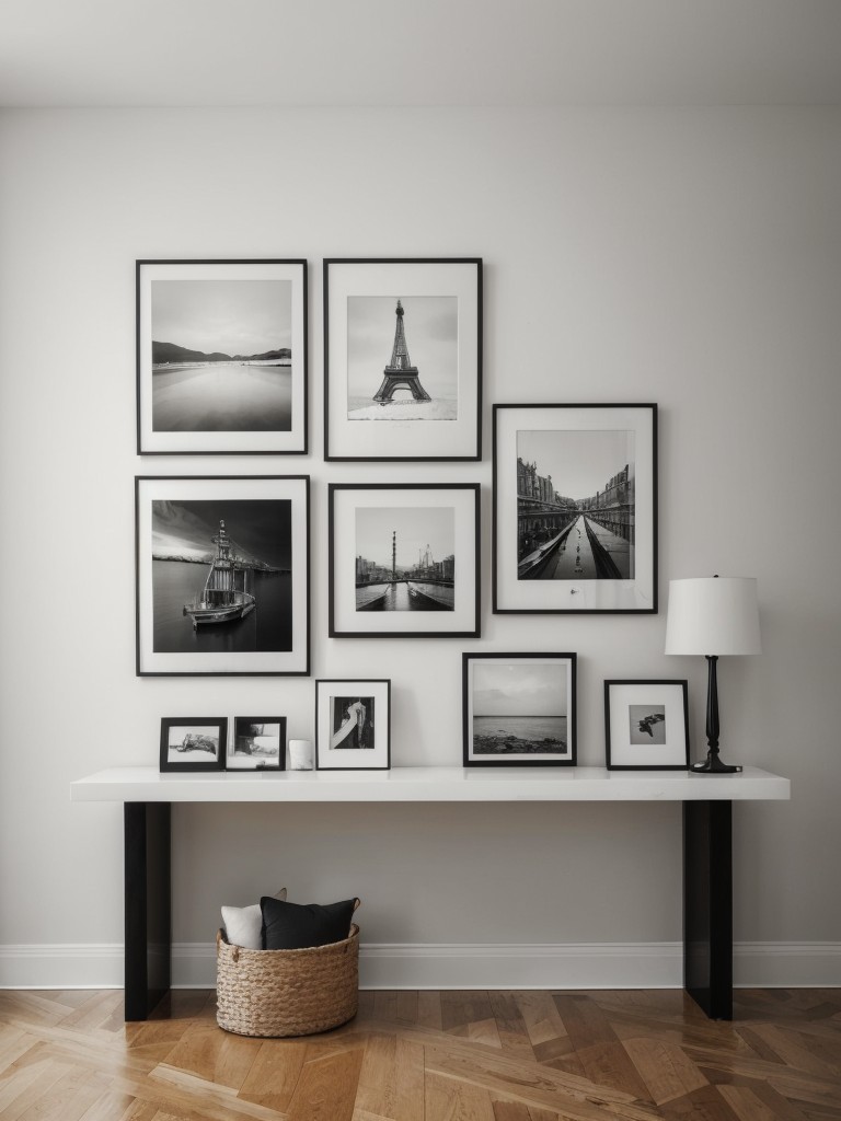 Hang a gallery wall of black and white photographs or artwork to create a timeless and sophisticated look against the white walls.