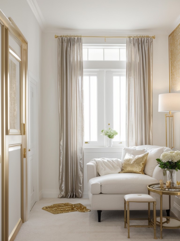 Incorporate metallic accents, like gold or silver, to add a touch of glamour to the white walls.