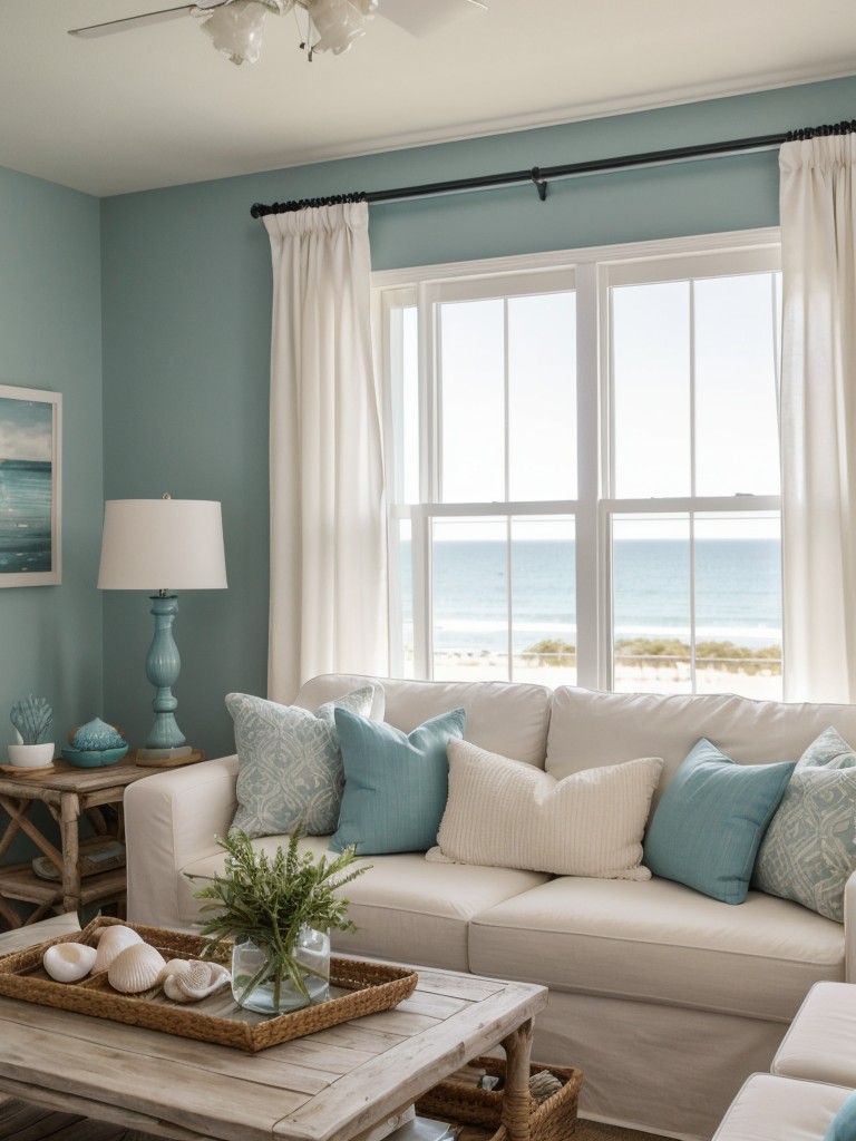 Achieve a sense of tranquility in your coastal-themed apartment by incorporating seashells, driftwood, and flowing curtains into your decor.