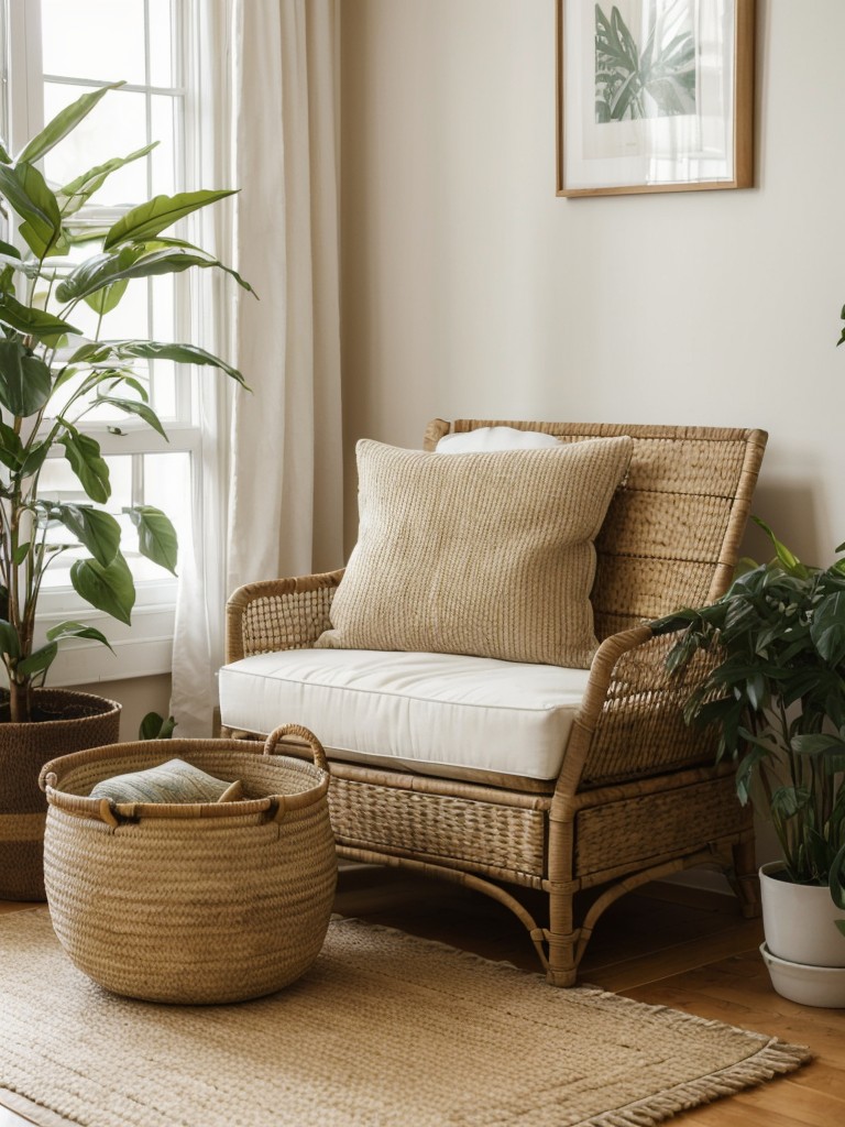 Create a cozy and inviting atmosphere in your bohemian-style apartment with plenty of floor cushions, low lighting, and natural elements such as plants and woven baskets.