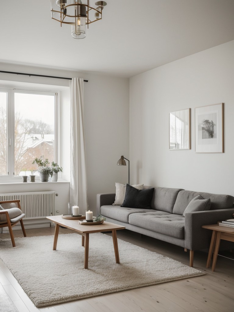 Create a harmonious and serene vibe in your Scandinavian-inspired apartment with minimalistic decor, warm accents, and hygge-inspired elements like candles and plush rugs.