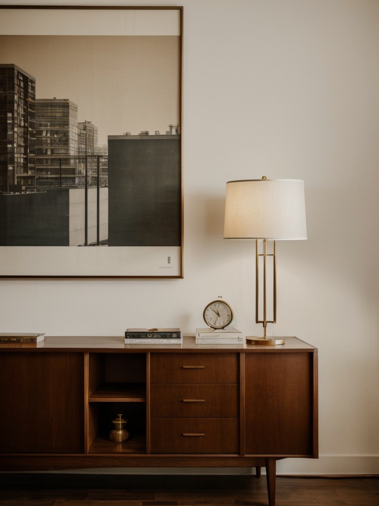 Enhance the timeless appeal of your mid-century modern apartment with vintage-inspired artwork, nostalgic decor items, and statement lighting pieces.