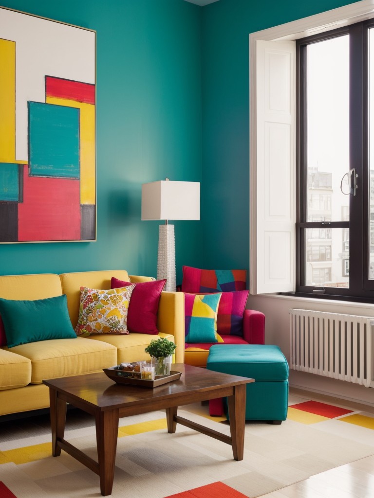 Infuse your apartment with vibrant energy by incorporating bold pops of color through accent walls, artwork, and colorful furniture pieces.