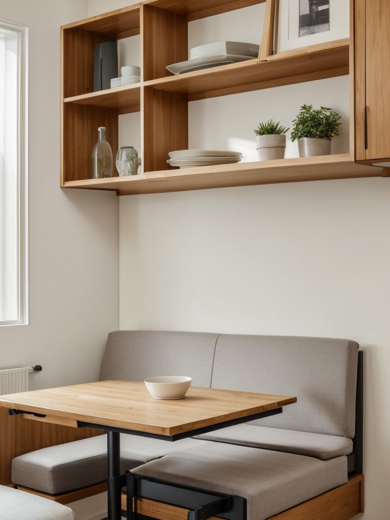 Maximize your small apartment space with multifunctional furniture pieces like a sleeper sofa, foldable dining table, and wall-mounted shelves.