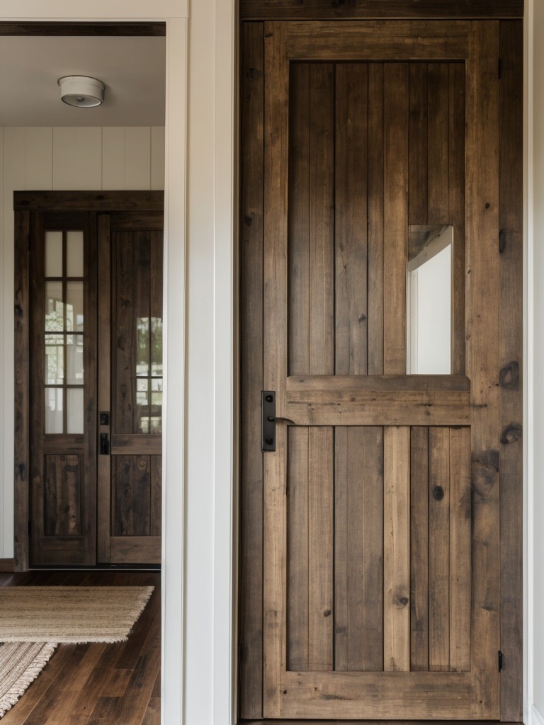 Create a cozy and inviting atmosphere at the apartment entrance by installing a rustic wooden door with a natural finish, perfect for a farmhouse or cottage-inspired aesthetic.