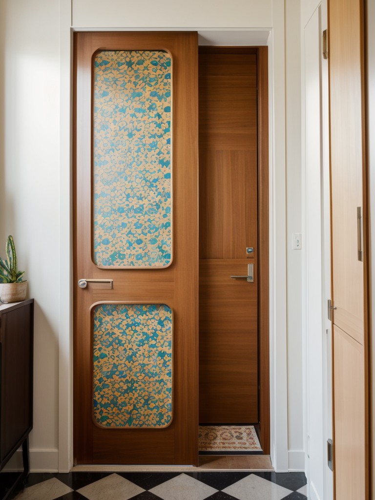Embrace a vintage or retro-inspired look with a colorful apartment entrance door adorned with geometric patterns or nostalgic motifs, adding a touch of nostalgia to the space.