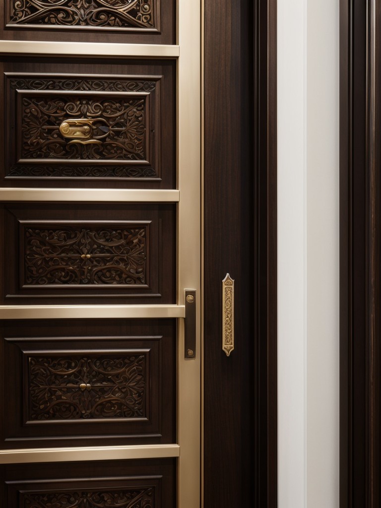 Enhance the apartment entrance door with ornate details like metallic accents or intricate carvings, giving it a touch of elegance and sophistication.