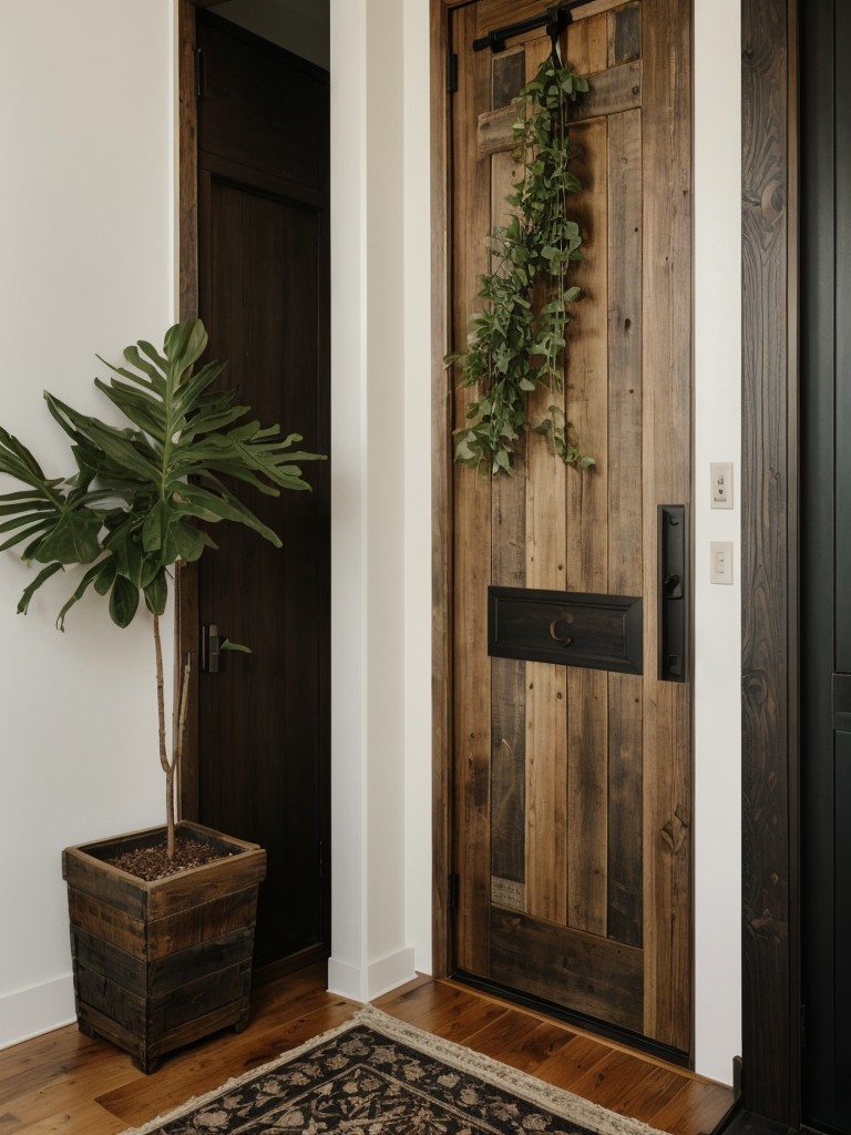 Incorporate an element of nature into the apartment entrance door design by using reclaimed wood or incorporating live plants, bringing a sense of tranquility to the space.