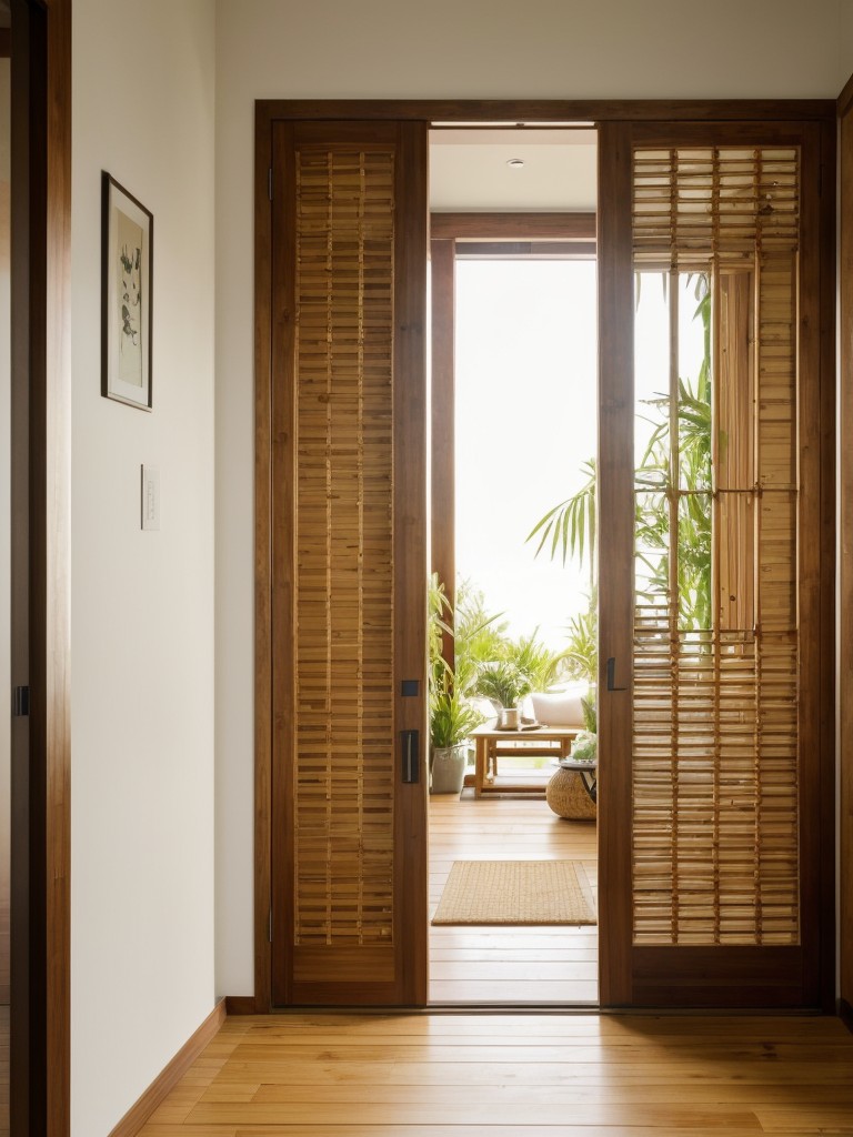 Incorporate natural materials like bamboo or rattan into the apartment entrance door design, creating a serene and organic atmosphere reminiscent of a tropical oasis.