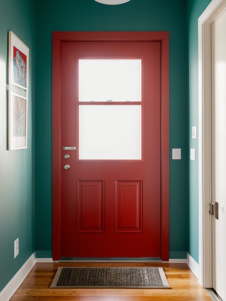 Make a bold statement with a colorful apartment entrance door, whether it be a vibrant shade like red or a cool hue like teal, adding a pop of personality to the space.