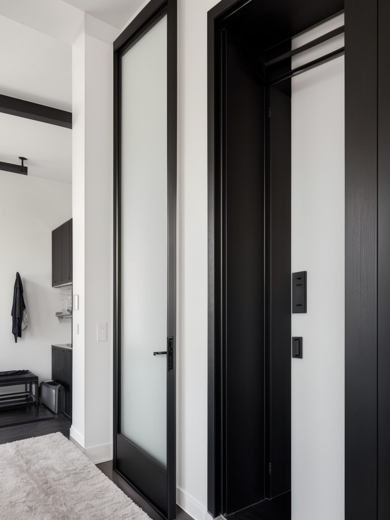 Opt for a contemporary and industrial look by choosing a sleek black apartment entrance door with metal accents, creating a bold and edgy aesthetic.
